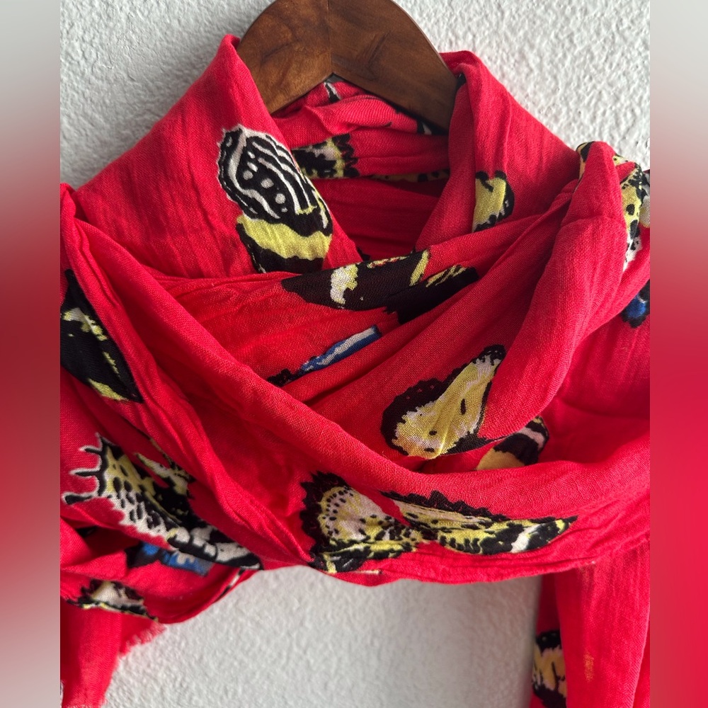 J. Crew Viscose and Linen 🦋 Butterfly Print Red Scarf - Picture 2 of 8